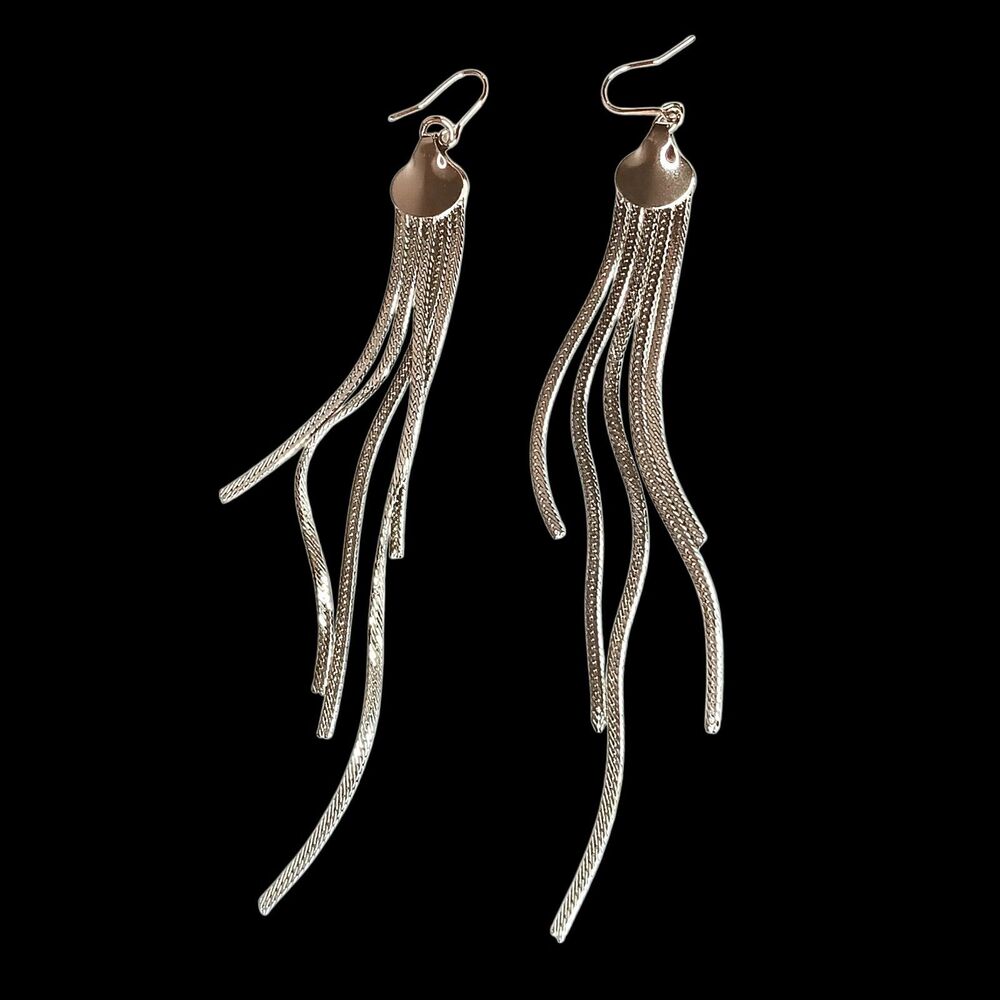 Herringbone Tassel Dangle Pierced Earrings Disco 80's Party Shiny Silvertone 5"
